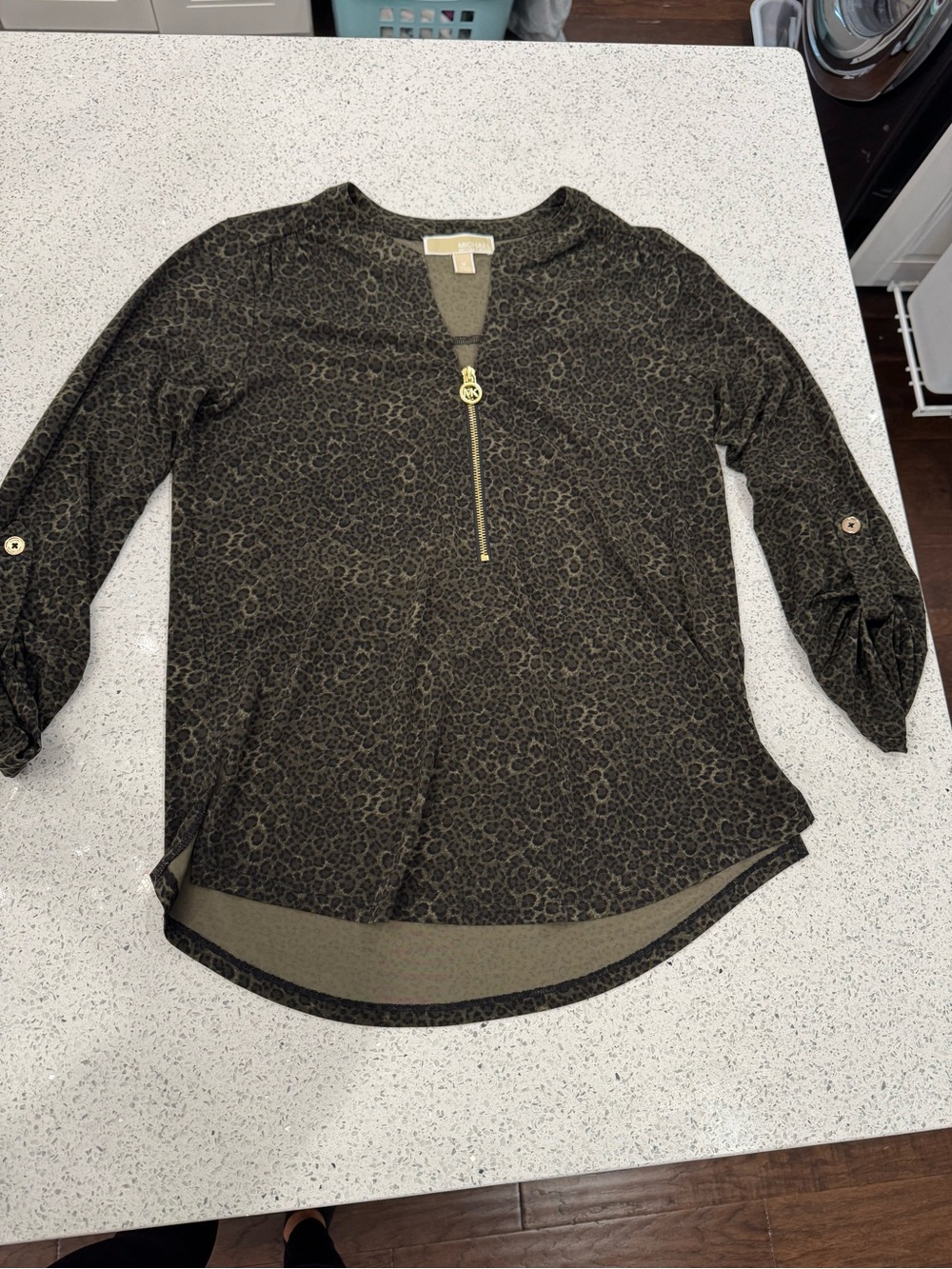Michael Kors Olive Green Leopard Zip-Front Blouse with Gold Pull